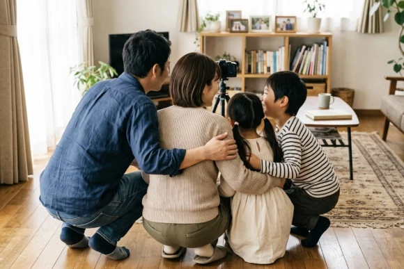 家族が室内で寄り添って過ごしている様子